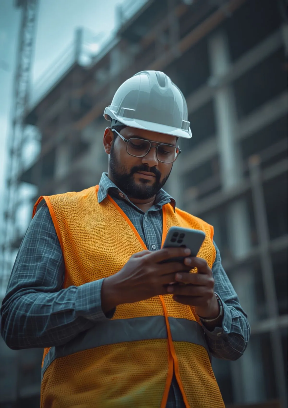 An Indian site supervisor in a hard hat and hi-vis vest checking the sotyn.ai app on his phone at a construction site