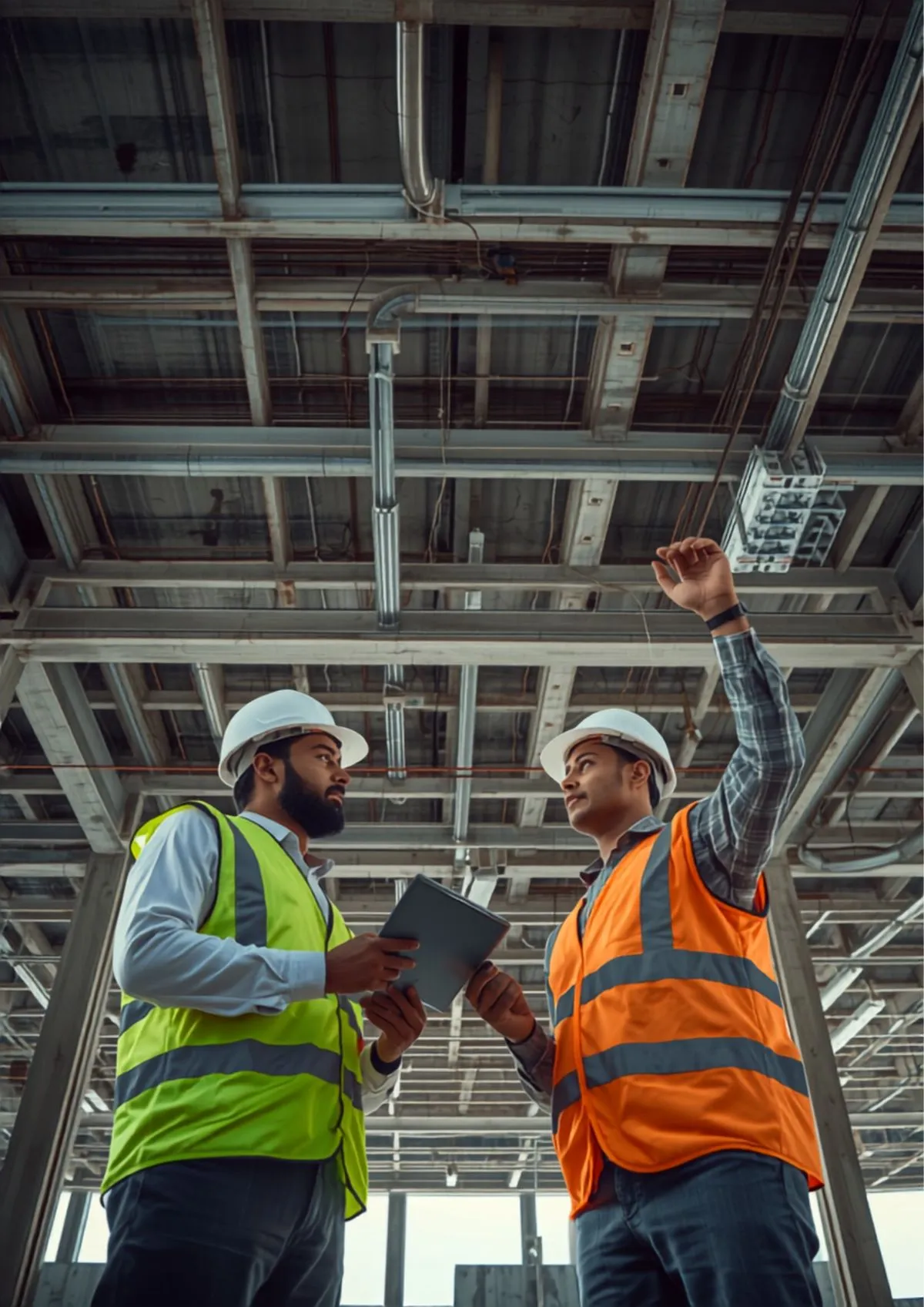 Two Indian MEP site engineers in hard hats and hi-vis vests inspecting overhead services on an under-construction site, one holding a tablet