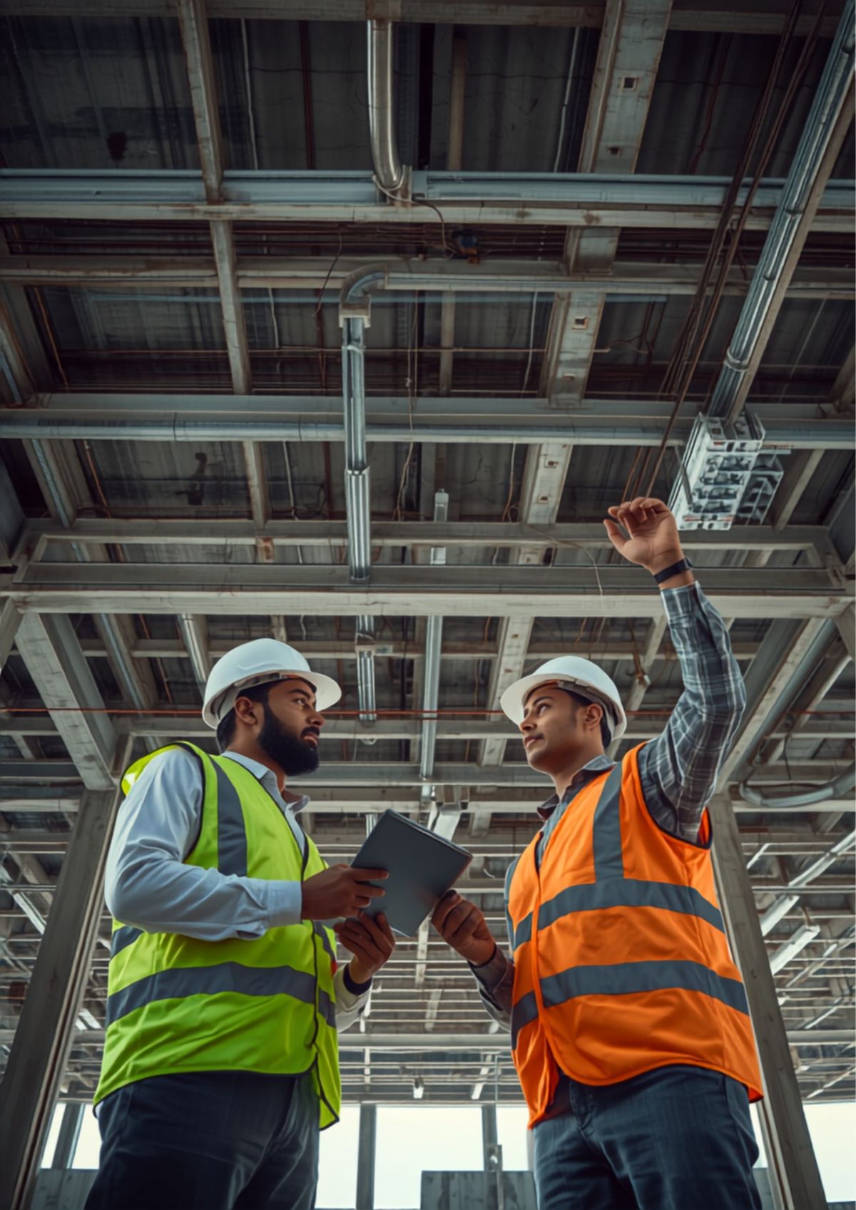 Two Indian MEP site engineers in hard hats and hi-vis vests inspecting overhead services on an under-construction site, one holding a tablet